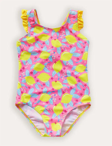 Lemon Print Ruffled Bow One-piece Swimsuit